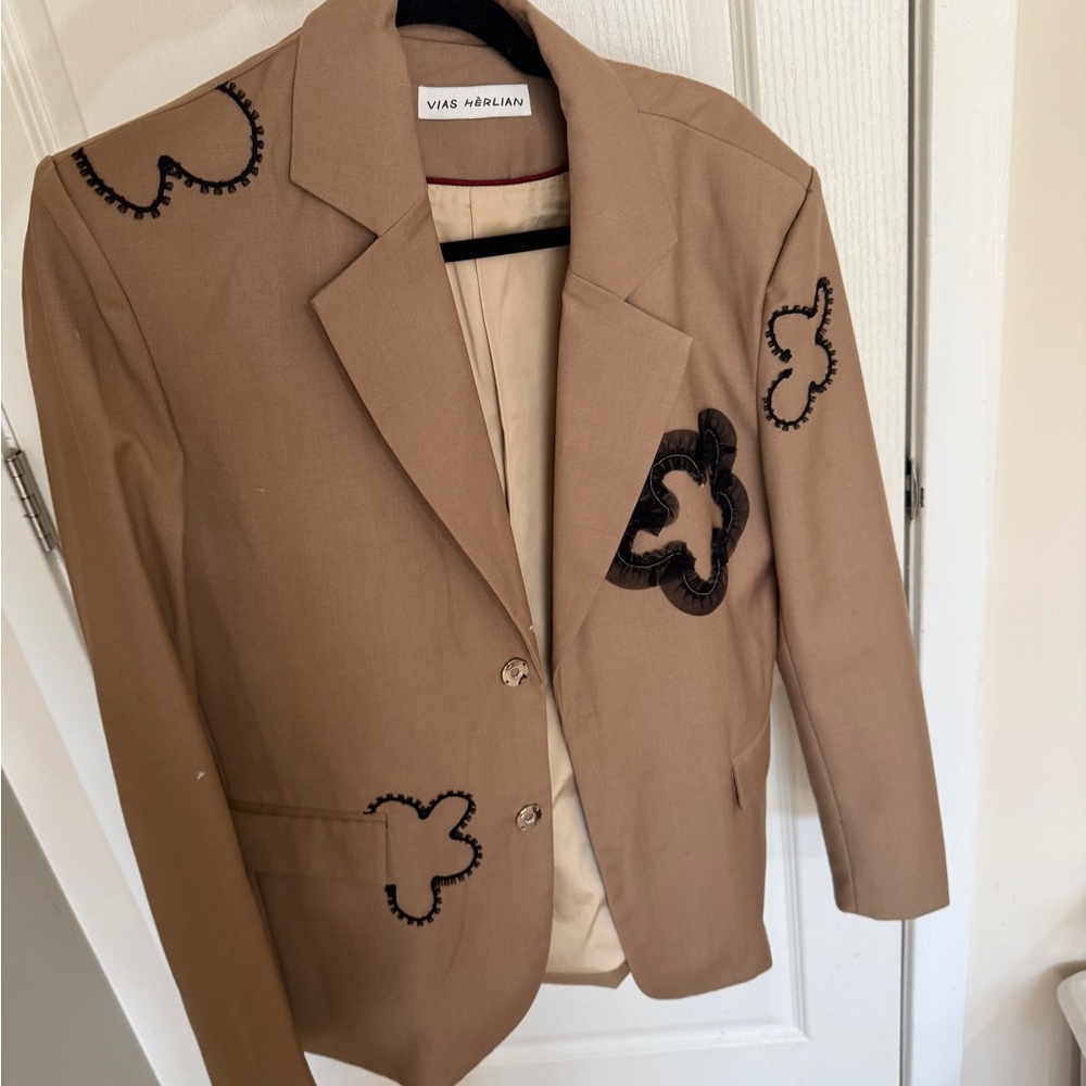 Tan Blazer with Black Embroidery and Structured Design